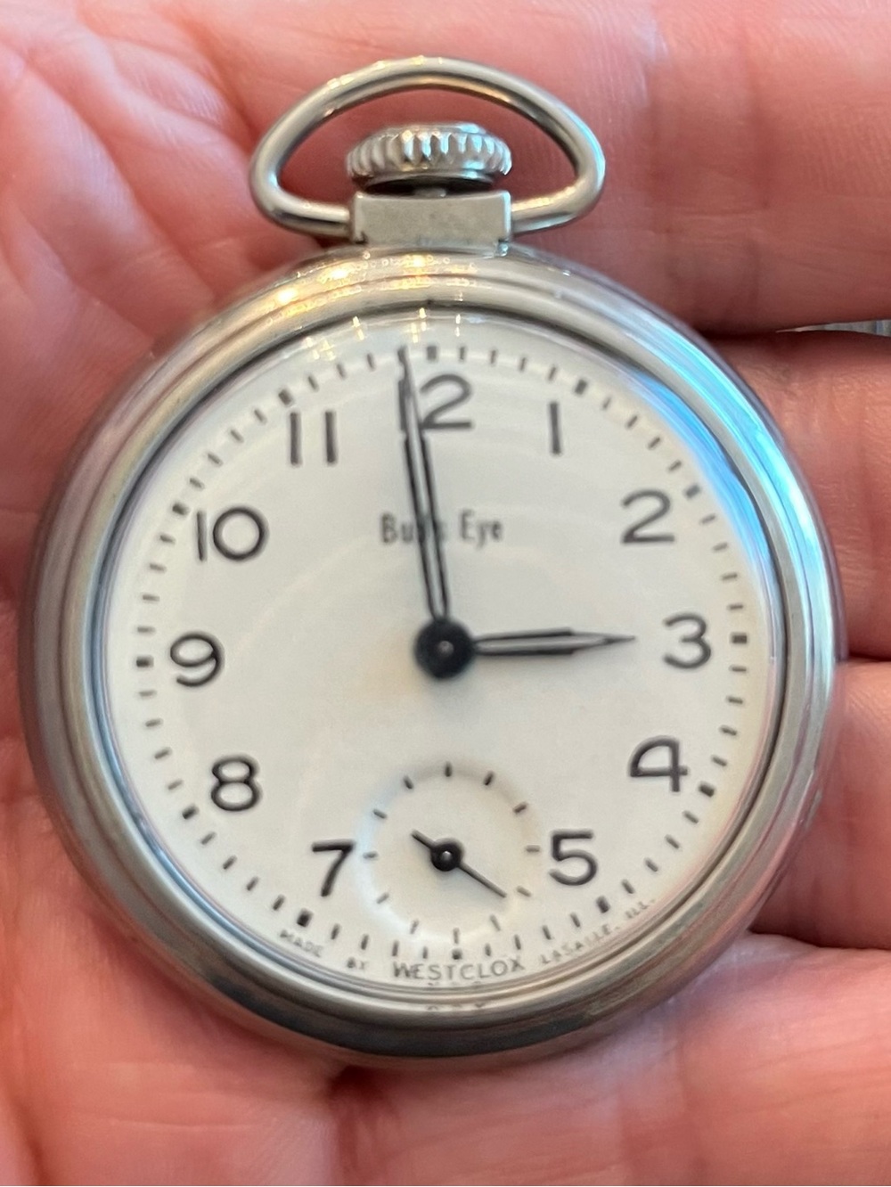 Vintage Westclox Bull’s Eye Wind-up Pocket Watch: Winds & Runs for a few hours